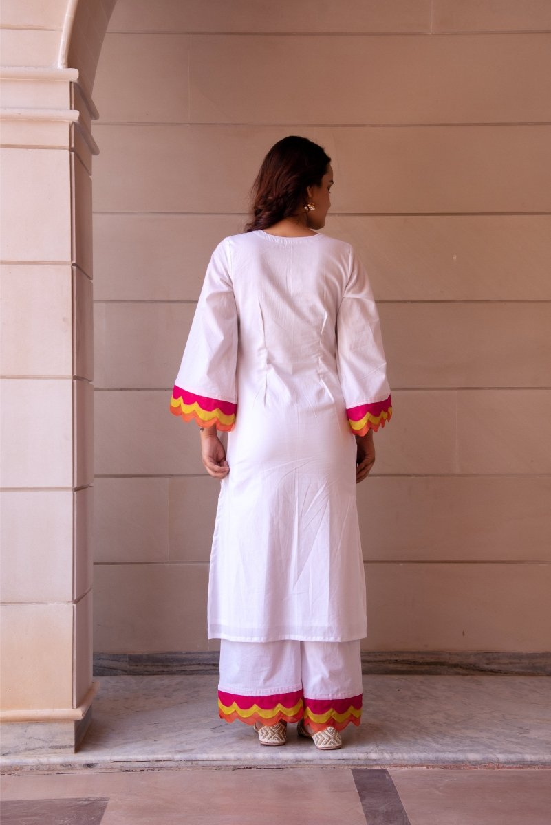 SUNHARI WHITE COTTON CO - ORD SET WITH MULTICOLOR ORGANZA EMBROIDERY SLEEVES - Pomcha Jaipur