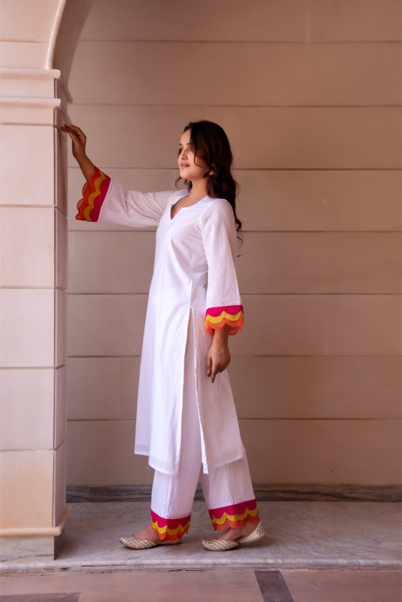 SUNHARI WHITE COTTON CO - ORD SET WITH MULTICOLOR ORGANZA EMBROIDERY SLEEVES - Pomcha Jaipur