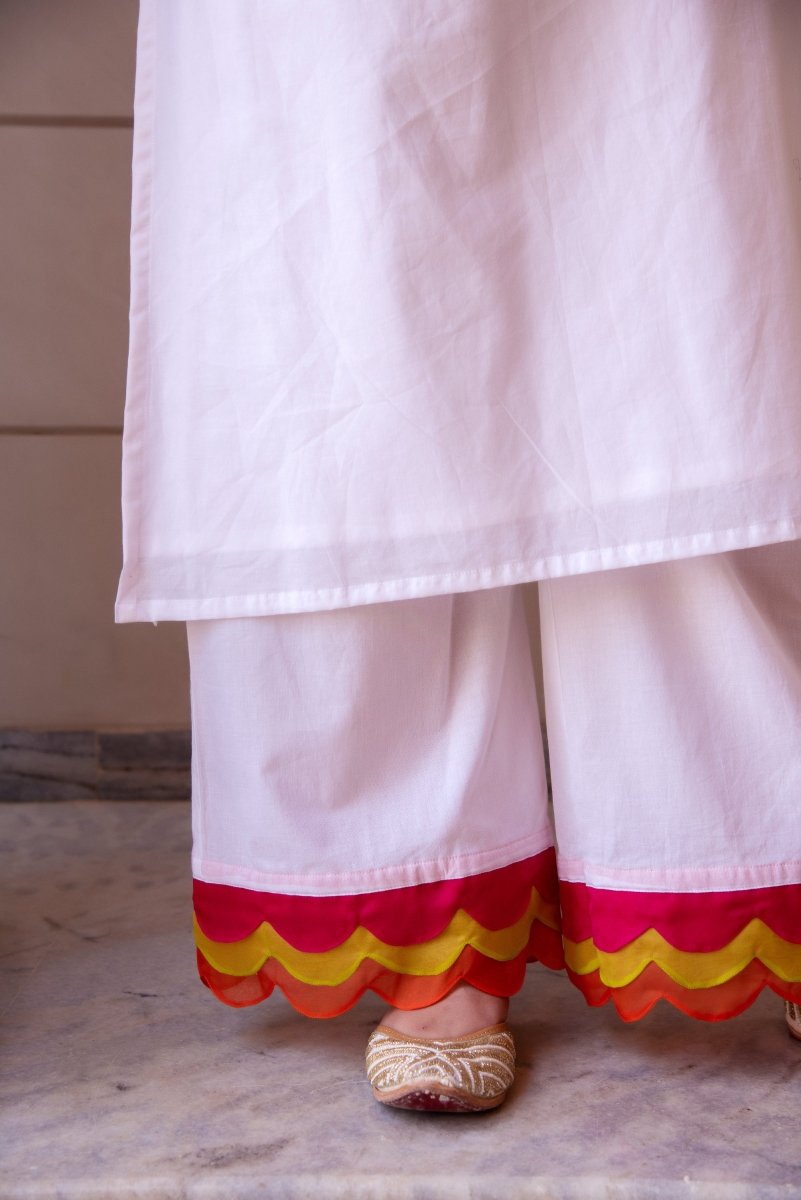 SUNHARI WHITE COTTON CO - ORD SET WITH MULTICOLOR ORGANZA EMBROIDERY SLEEVES - Pomcha Jaipur