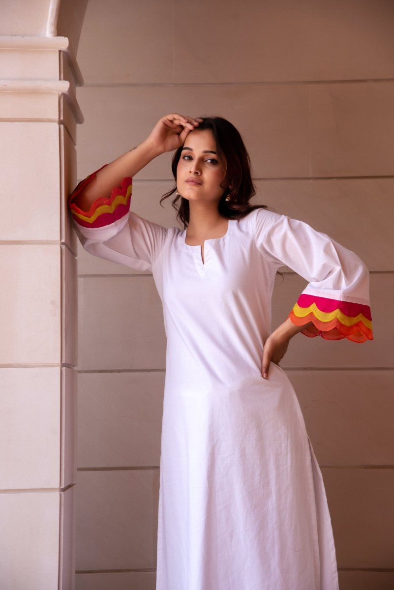 SUNHARI WHITE COTTON CO - ORD SET WITH MULTICOLOR ORGANZA EMBROIDERY SLEEVES - Pomcha Jaipur