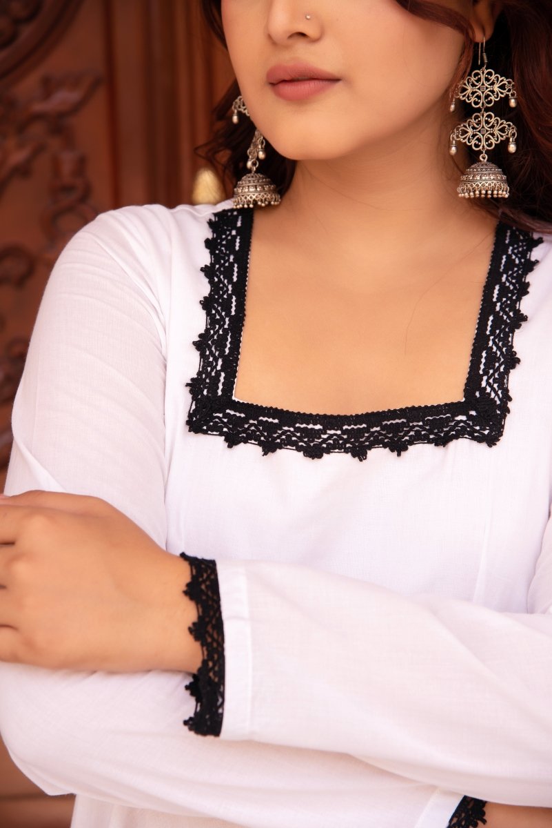 SUNHARI WHITE COTTON EMBROIDERY LACE FULL SLEEVE ANARKALI SET WITH COTTON DUPATTA - Pomcha Jaipur