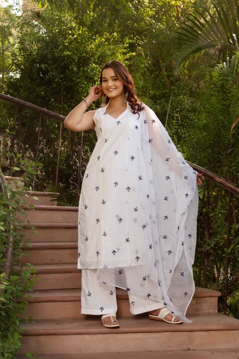 SUNHARI WHITE COTTON EMBROIDERY SUIT SET WITH EMBROIDERED ORGANZA DUPATTA - Pomcha Jaipur