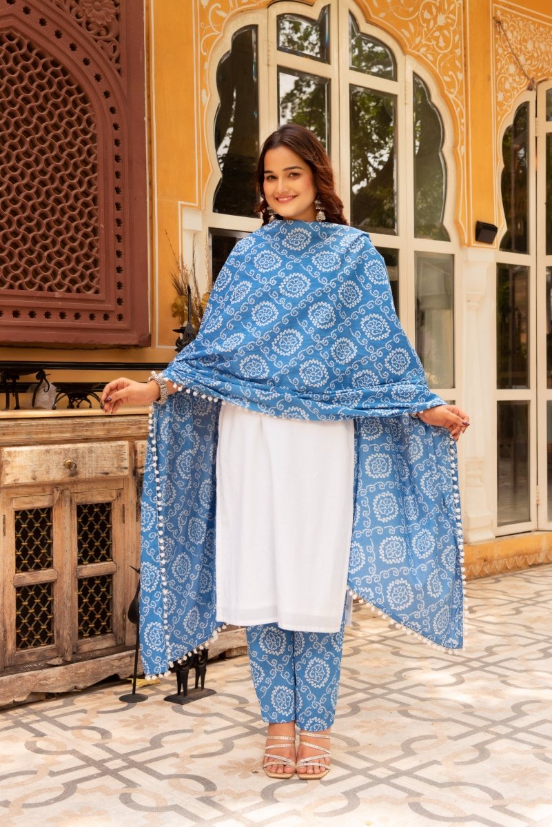 SUNHARI WHITE COTTON SUIT SET WITH BLUE BHANDEJ COTTON DUPATTA - Pomcha Jaipur
