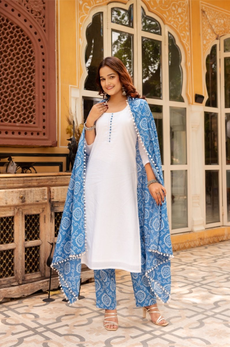 SUNHARI WHITE COTTON SUIT SET WITH BLUE BHANDEJ COTTON DUPATTA - Pomcha Jaipur