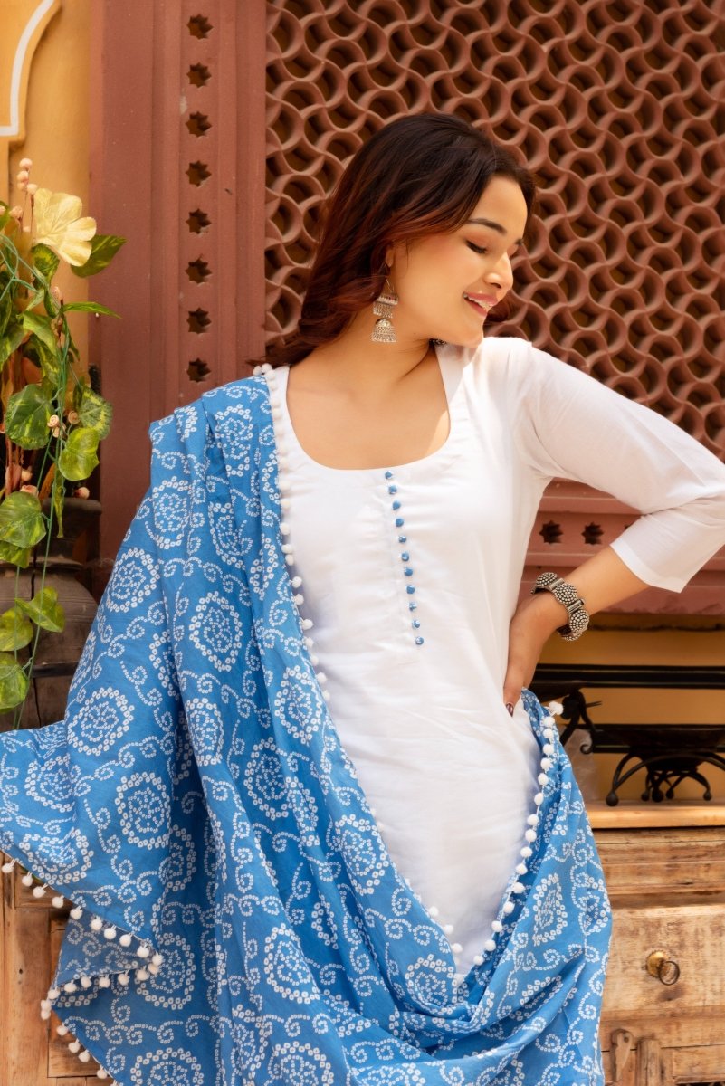 SUNHARI WHITE COTTON SUIT SET WITH BLUE BHANDEJ COTTON DUPATTA - Pomcha Jaipur