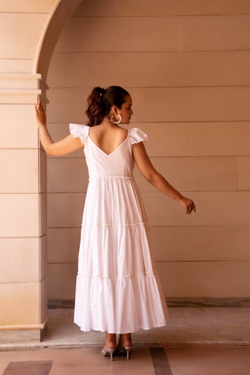 SUNHARI WHITE COTTON TIERED DRESS - Pomcha Jaipur