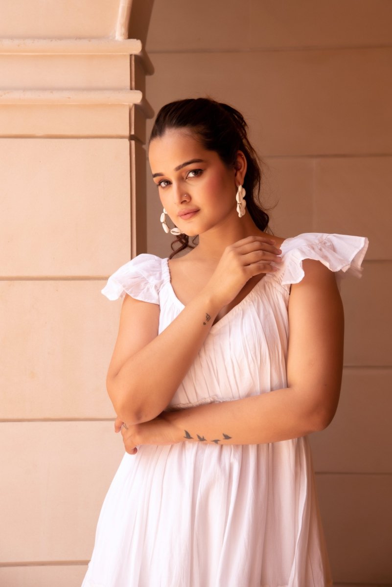 SUNHARI WHITE COTTON TIERED DRESS - Pomcha Jaipur