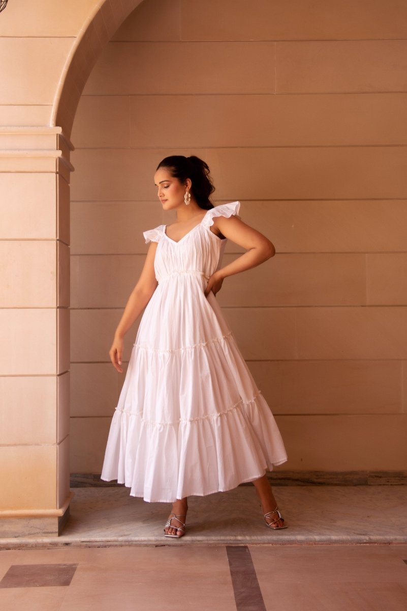 SUNHARI WHITE COTTON TIERED DRESS - Pomcha Jaipur
