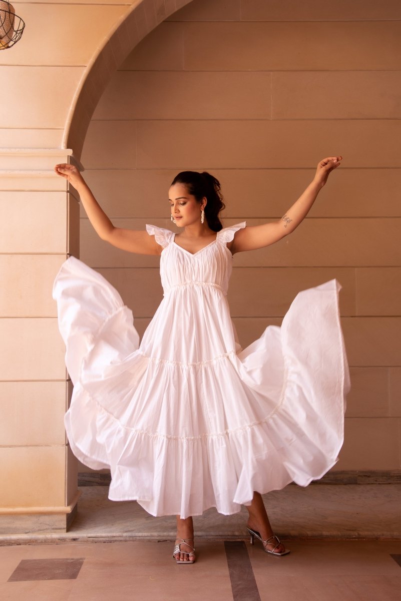 SUNHARI WHITE COTTON TIERED DRESS - Pomcha Jaipur