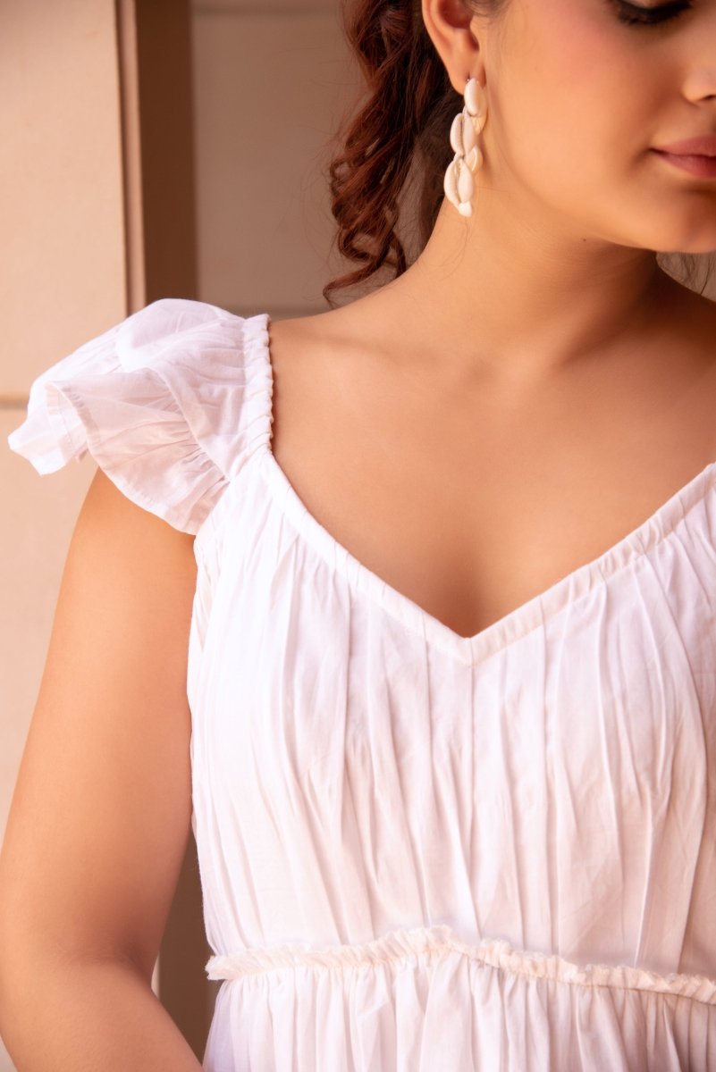 SUNHARI WHITE COTTON TIERED DRESS - Pomcha Jaipur