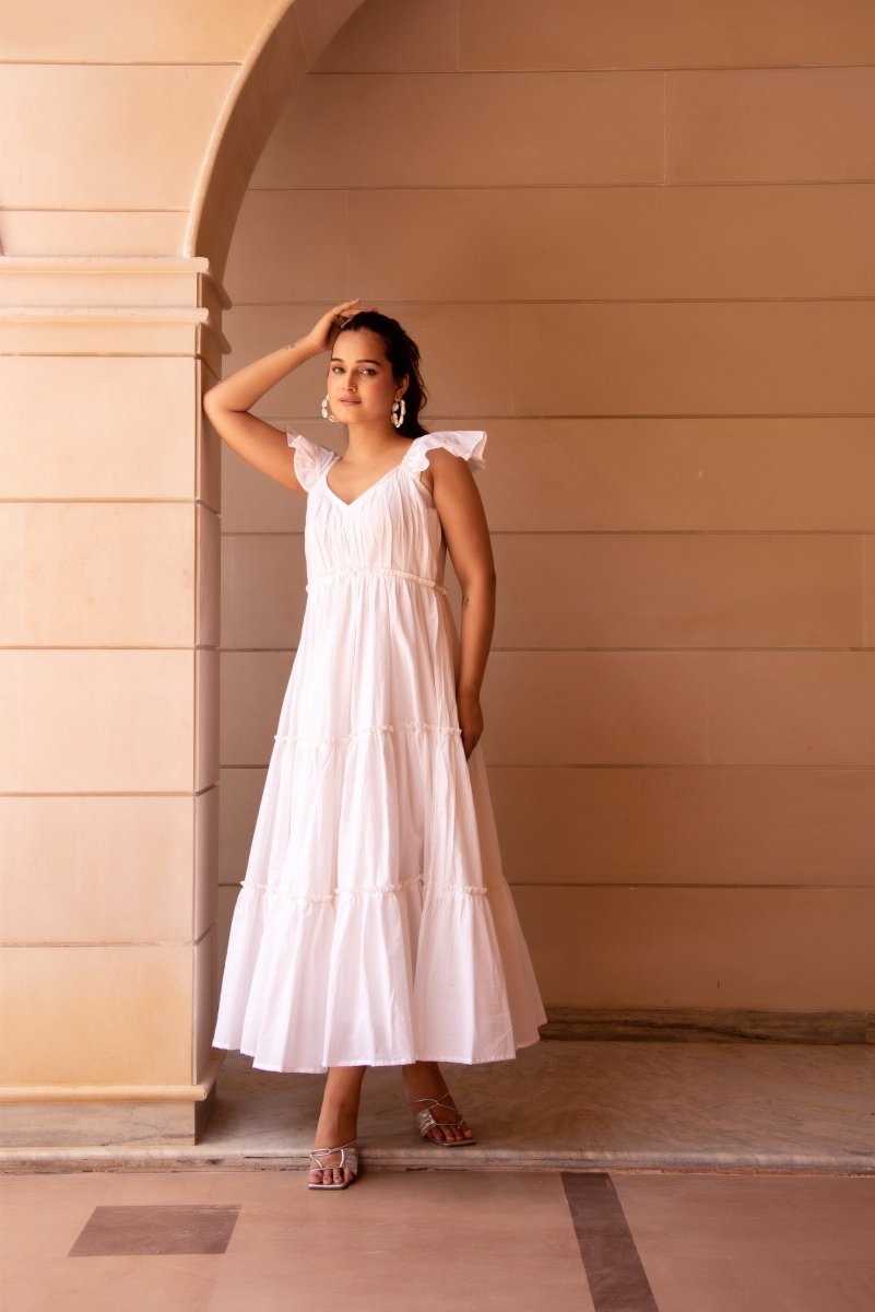 SUNHARI WHITE COTTON TIERED DRESS - Pomcha Jaipur