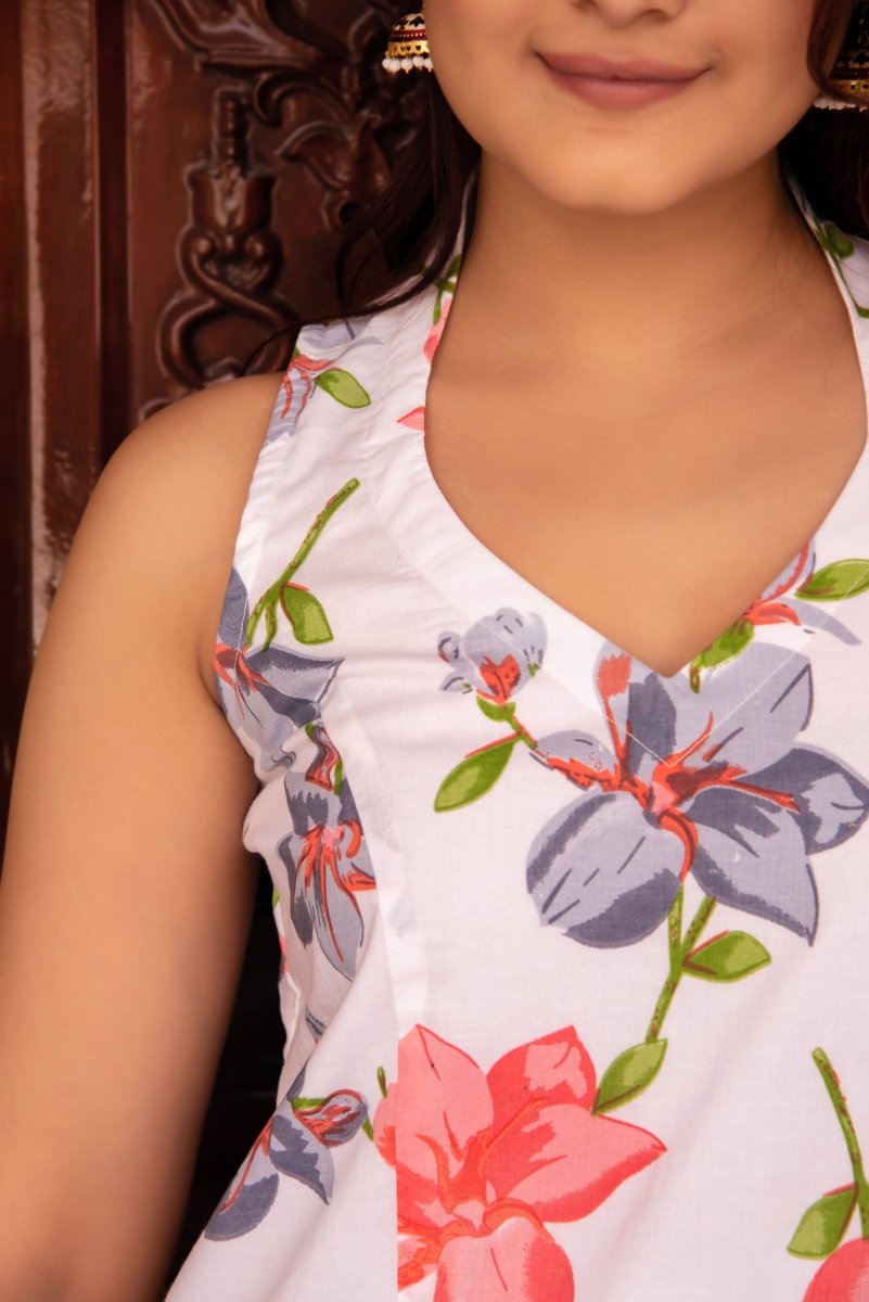 SUNHARI WHITE LILLY SLEEVELESS COTTON PRINTED CO - ORD SET - Pomcha Jaipur