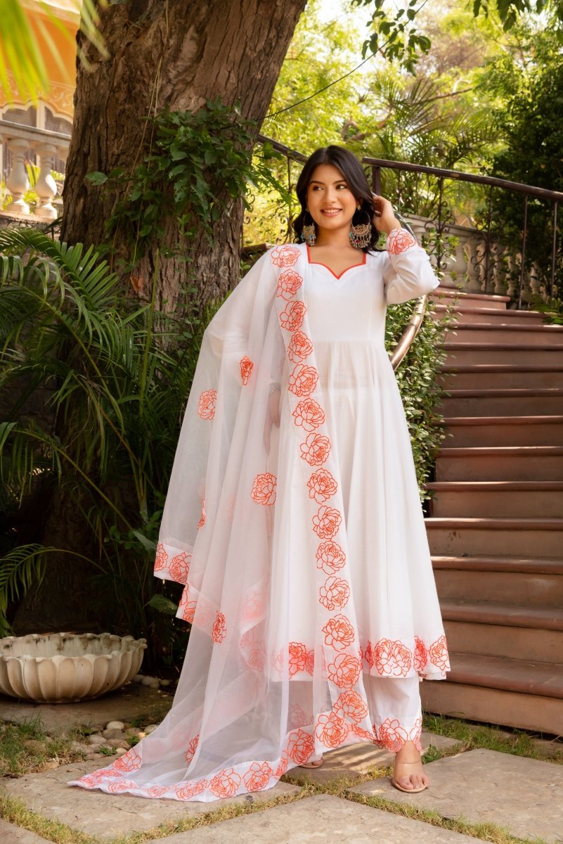 SUNHARI WHITE ORANGE PHOOL COTTON EMBROIDERED ANARKALI SET WITH ORGANZA DUPATTA - Pomcha Jaipur