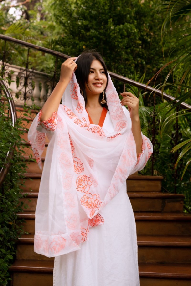 SUNHARI WHITE ORANGE PHOOL EMBROIDERY COTTON SUIT SET WITH EMBROIDERED ORGANZA DUPATTA - Pomcha Jaipur
