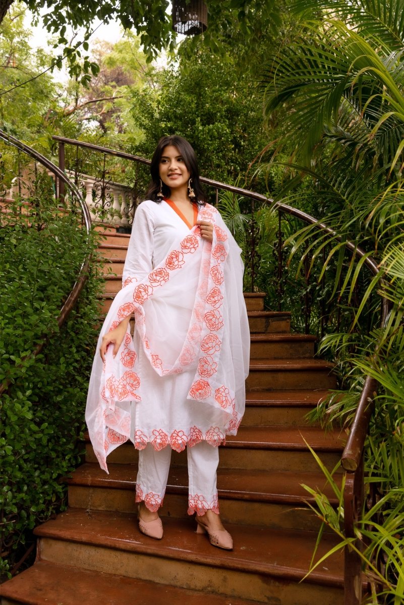 SUNHARI WHITE ORANGE PHOOL EMBROIDERY COTTON SUIT SET WITH EMBROIDERED ORGANZA DUPATTA - Pomcha Jaipur