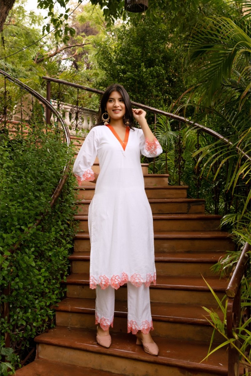 SUNHARI WHITE ORANGE PHOOL EMBROIDERY COTTON SUIT SET WITH EMBROIDERED ORGANZA DUPATTA - Pomcha Jaipur