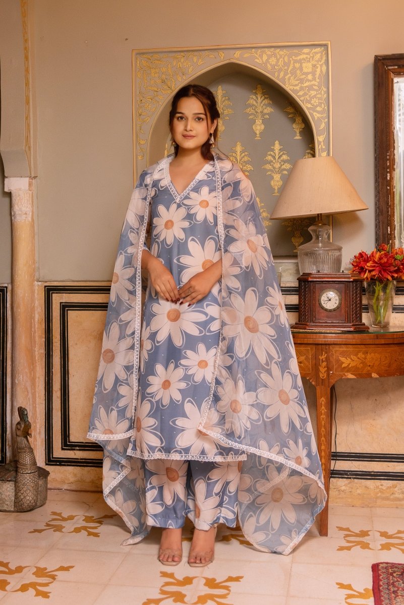 SUNHARI WHITE PHOOL POWDER BLUE MUSLIN SUIT SET WITH ORGANZA DUPATTA - Pomcha Jaipur