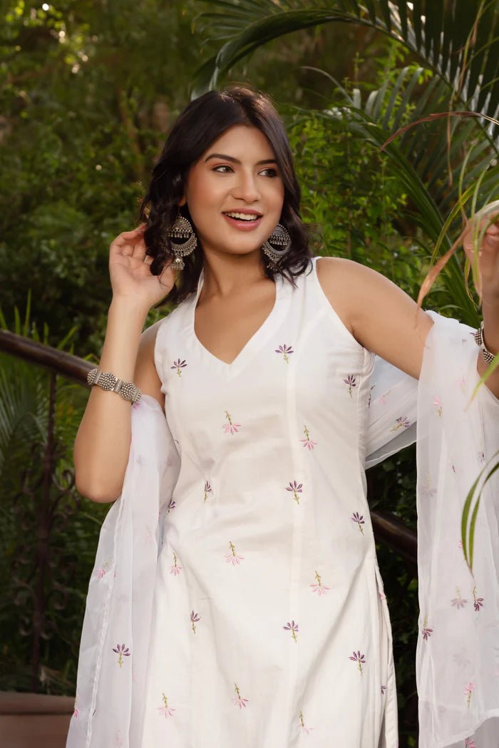 SUNHARI WHITE PINK EMBROIDERY COTTON SUIT SET WITH EMBROIDERED ORGANZA DUPATTA - Pomcha Jaipur