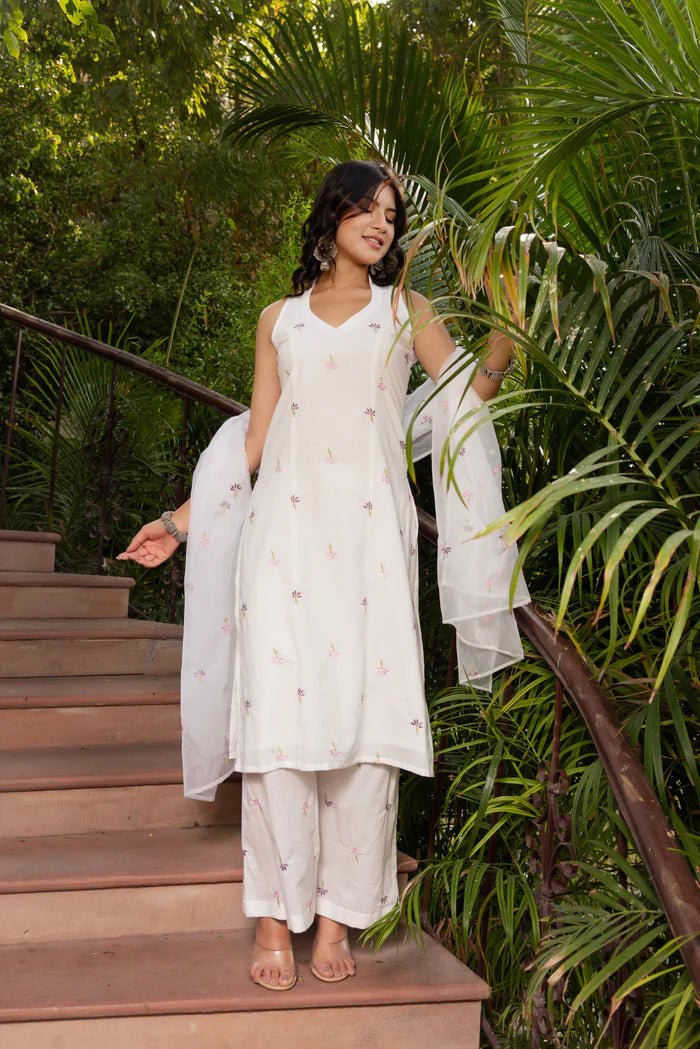 SUNHARI WHITE PINK EMBROIDERY COTTON SUIT SET WITH EMBROIDERED ORGANZA DUPATTA - Pomcha Jaipur