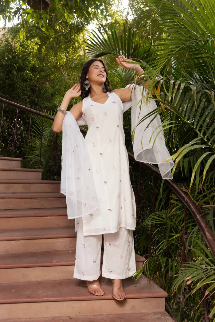 SUNHARI WHITE PINK EMBROIDERY COTTON SUIT SET WITH EMBROIDERED ORGANZA DUPATTA - Pomcha Jaipur