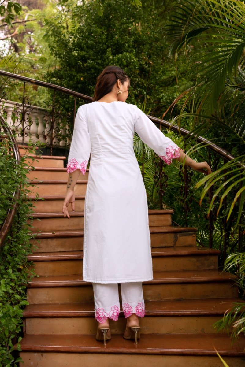 SUNHARI WHITE PINK PHOOL COTTON EMBROIDERY SUIT SET WITH EMBROIDERED ORGANZA DUPATTA - Pomcha Jaipur
