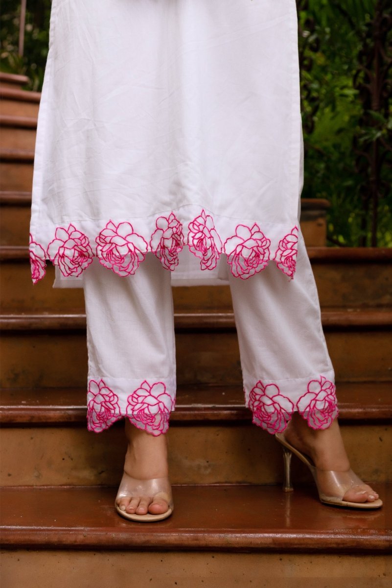 SUNHARI WHITE PINK PHOOL COTTON EMBROIDERY SUIT SET WITH EMBROIDERED ORGANZA DUPATTA - Pomcha Jaipur