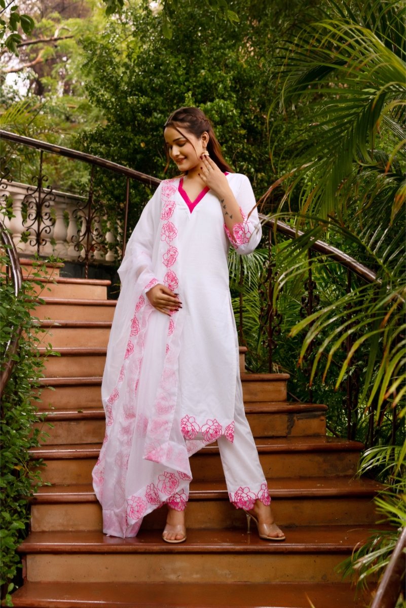 SUNHARI WHITE PINK PHOOL COTTON EMBROIDERY SUIT SET WITH EMBROIDERED ORGANZA DUPATTA - Pomcha Jaipur