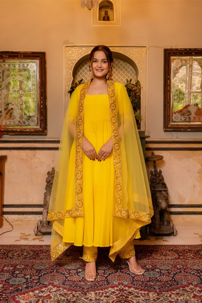 SUNHARI YELLOW COTTON ANARKALI WITH EMBROIDERED SOFT NET DUPATTA - Pomcha Jaipur