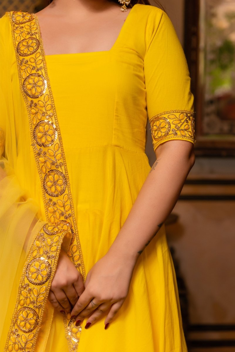 SUNHARI YELLOW COTTON ANARKALI WITH EMBROIDERED SOFT NET DUPATTA - Pomcha Jaipur