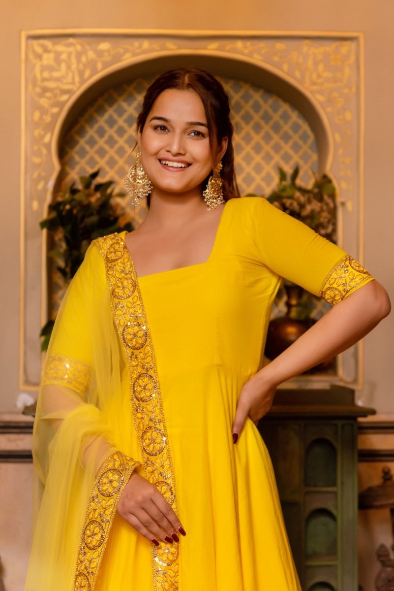 SUNHARI YELLOW COTTON ANARKALI WITH EMBROIDERED SOFT NET DUPATTA - Pomcha Jaipur