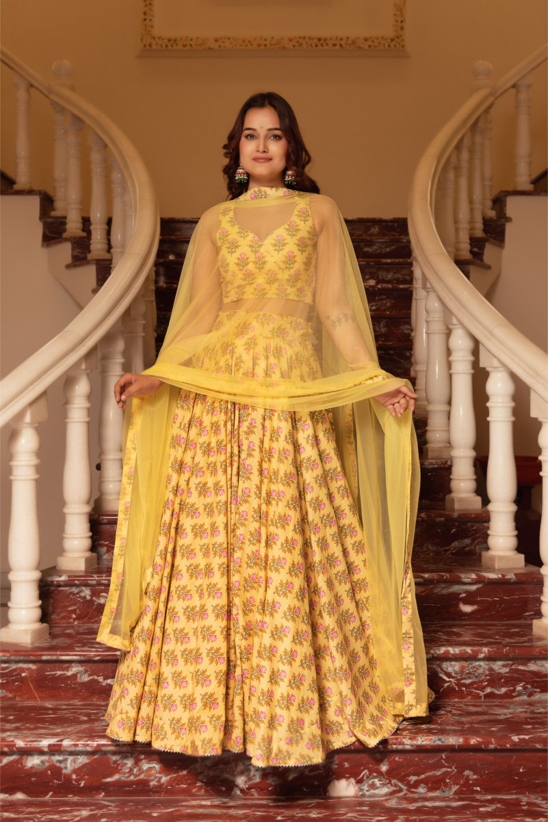 SUNHARI YELLOW COTTON HAND BLOCK LEHENGA SET WITH SOFT NET DUPATTA - Pomcha Jaipur