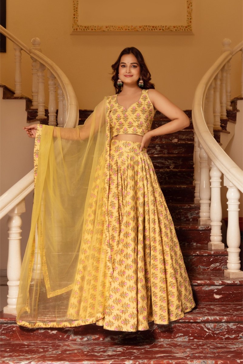SUNHARI YELLOW COTTON HAND BLOCK LEHENGA SET WITH SOFT NET DUPATTA - Pomcha Jaipur