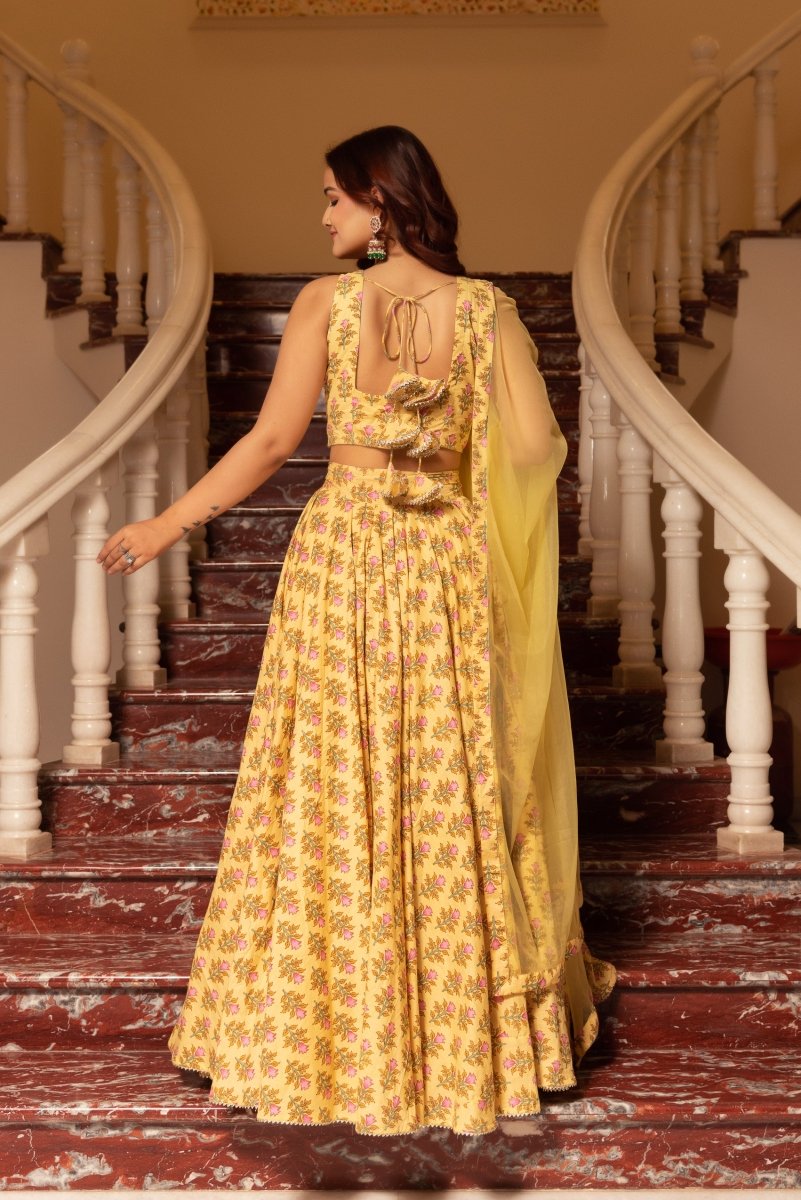 SUNHARI YELLOW COTTON HAND BLOCK LEHENGA SET WITH SOFT NET DUPATTA - Pomcha Jaipur