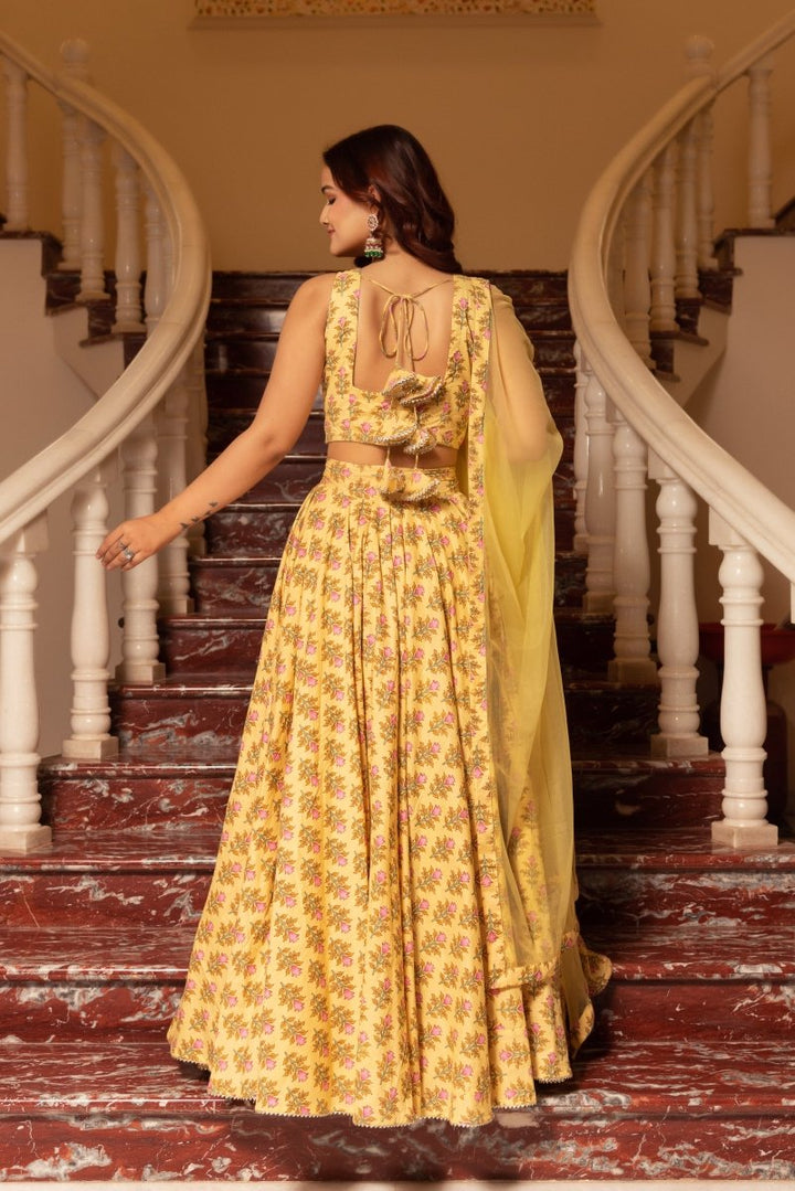 SUNHARI YELLOW COTTON HAND BLOCK LEHENGA SET WITH SOFT NET DUPATTA - Pomcha Jaipur
