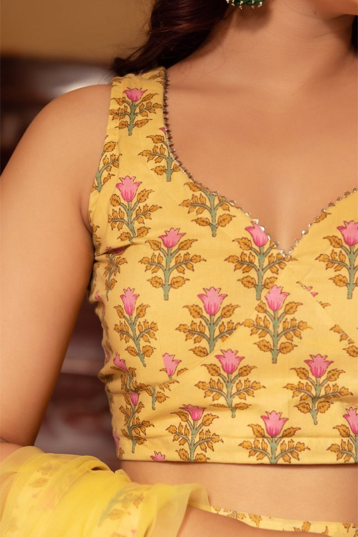 SUNHARI YELLOW COTTON HAND BLOCK LEHENGA SET WITH SOFT NET DUPATTA - Pomcha Jaipur