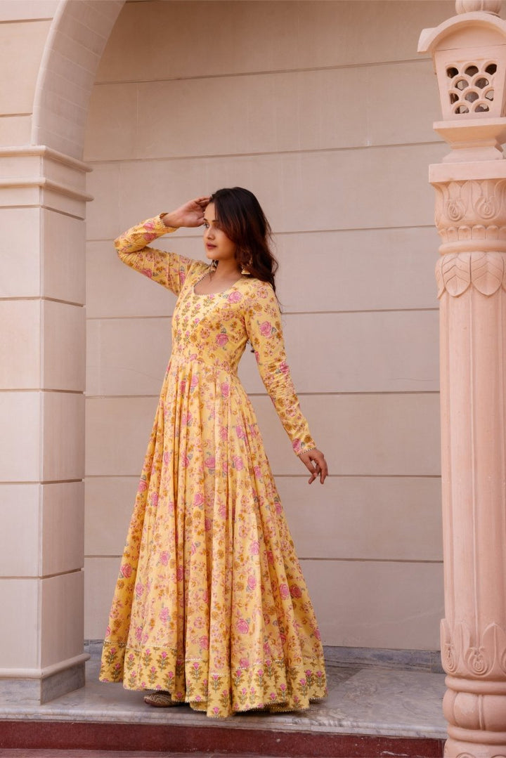 SUNHARI YELLOW COTTON HAND BLOCK PRINT LONG DRESS - Pomcha Jaipur