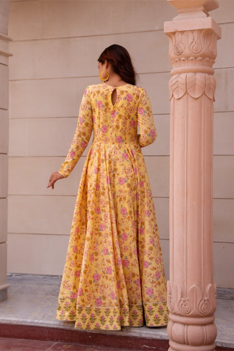 SUNHARI YELLOW COTTON HAND BLOCK PRINT LONG DRESS - Pomcha Jaipur