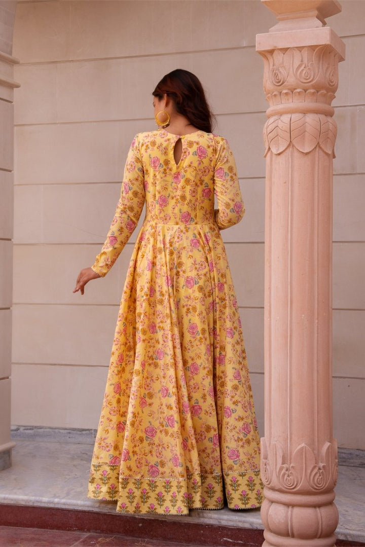 SUNHARI YELLOW COTTON HAND BLOCK PRINT LONG DRESS - Pomcha Jaipur