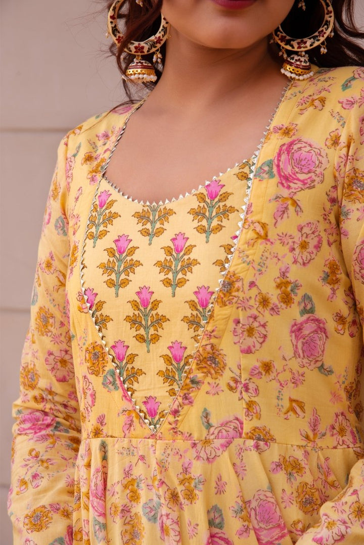 SUNHARI YELLOW COTTON HAND BLOCK PRINT LONG DRESS - Pomcha Jaipur