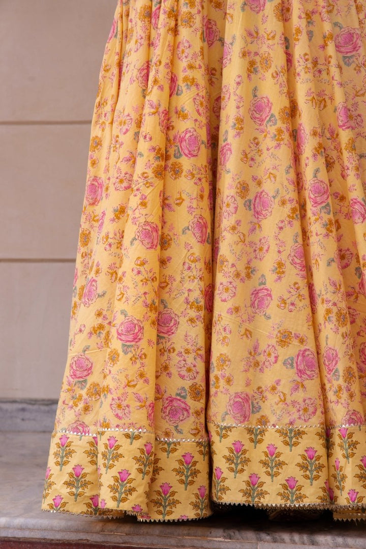 SUNHARI YELLOW COTTON HAND BLOCK PRINT LONG DRESS - Pomcha Jaipur