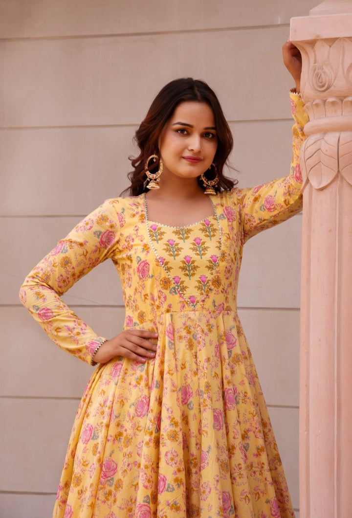 SUNHARI YELLOW COTTON HAND BLOCK PRINT LONG DRESS - Pomcha Jaipur