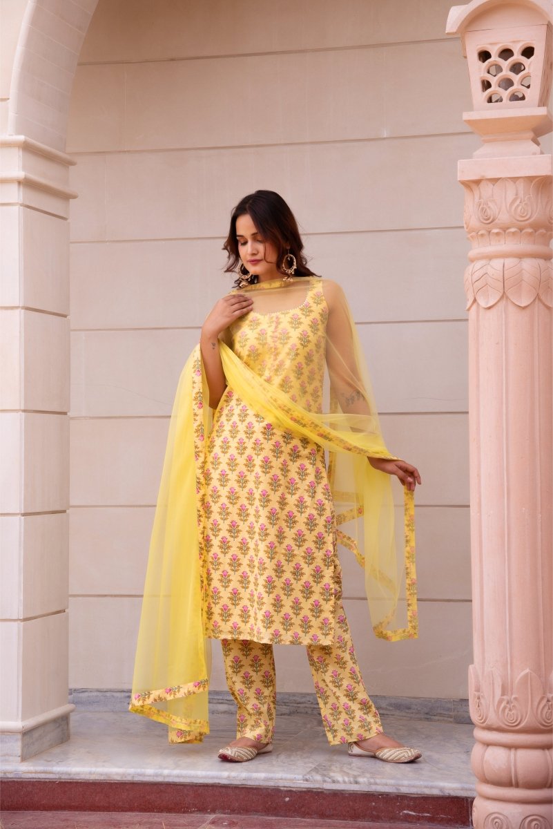 SUNHARI YELLOW HAND BLOCK COTTON SUIT SET WITH SOFT NET DUPATTA - Pomcha Jaipur