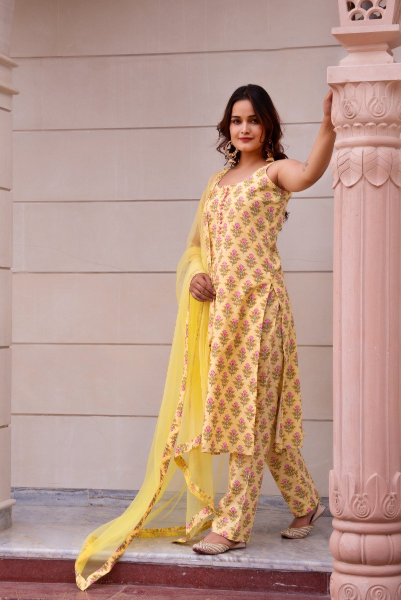 SUNHARI YELLOW HAND BLOCK COTTON SUIT SET WITH SOFT NET DUPATTA - Pomcha Jaipur