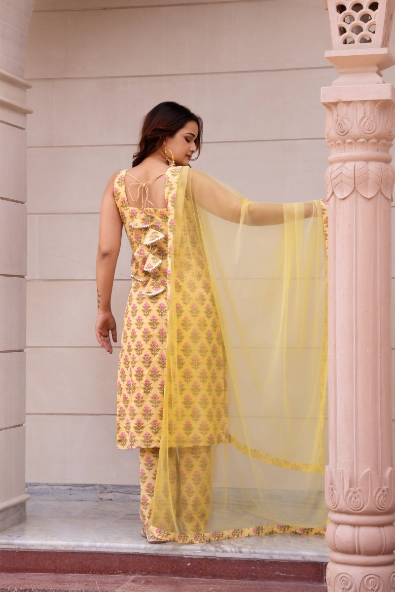 SUNHARI YELLOW HAND BLOCK COTTON SUIT SET WITH SOFT NET DUPATTA - Pomcha Jaipur
