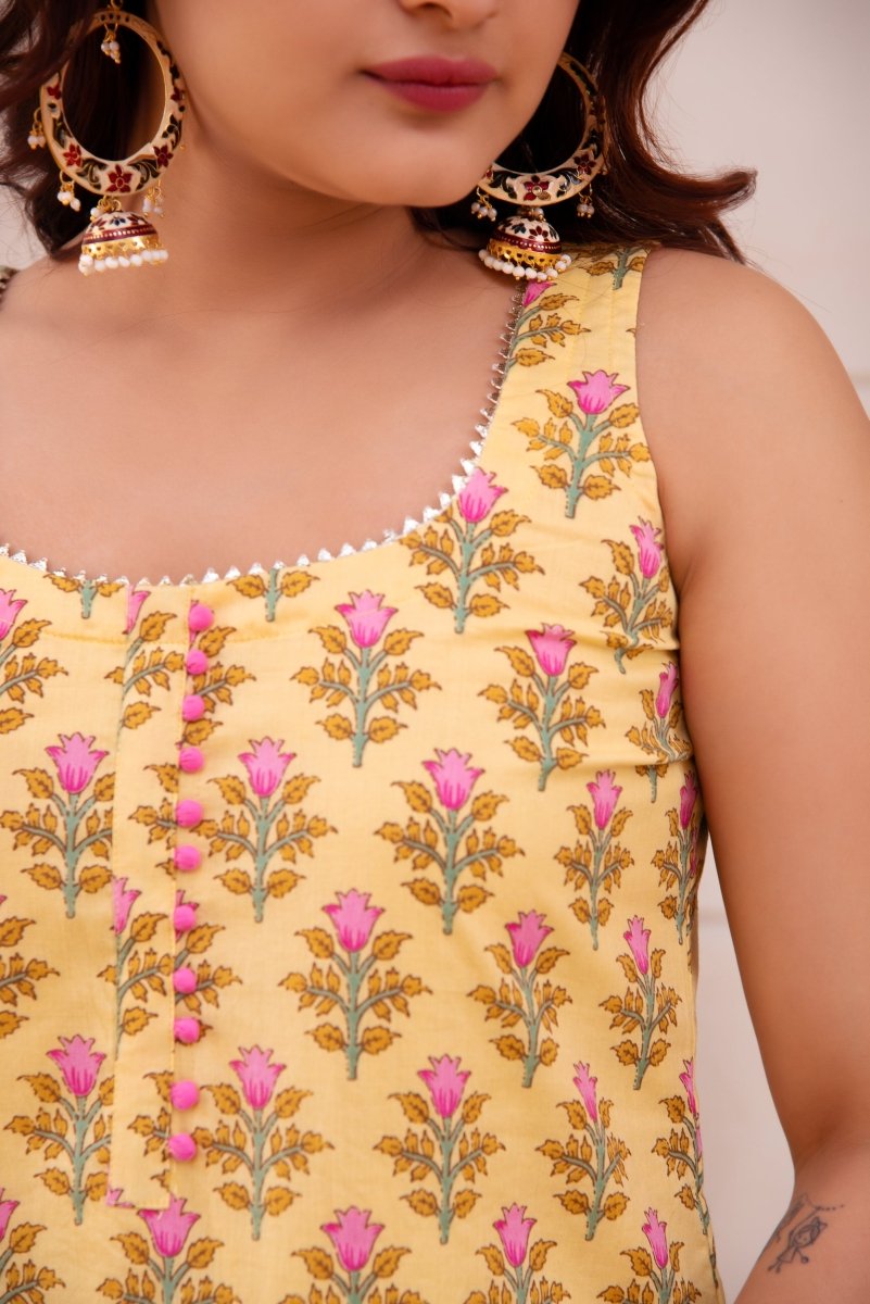 SUNHARI YELLOW HAND BLOCK COTTON SUIT SET WITH SOFT NET DUPATTA - Pomcha Jaipur