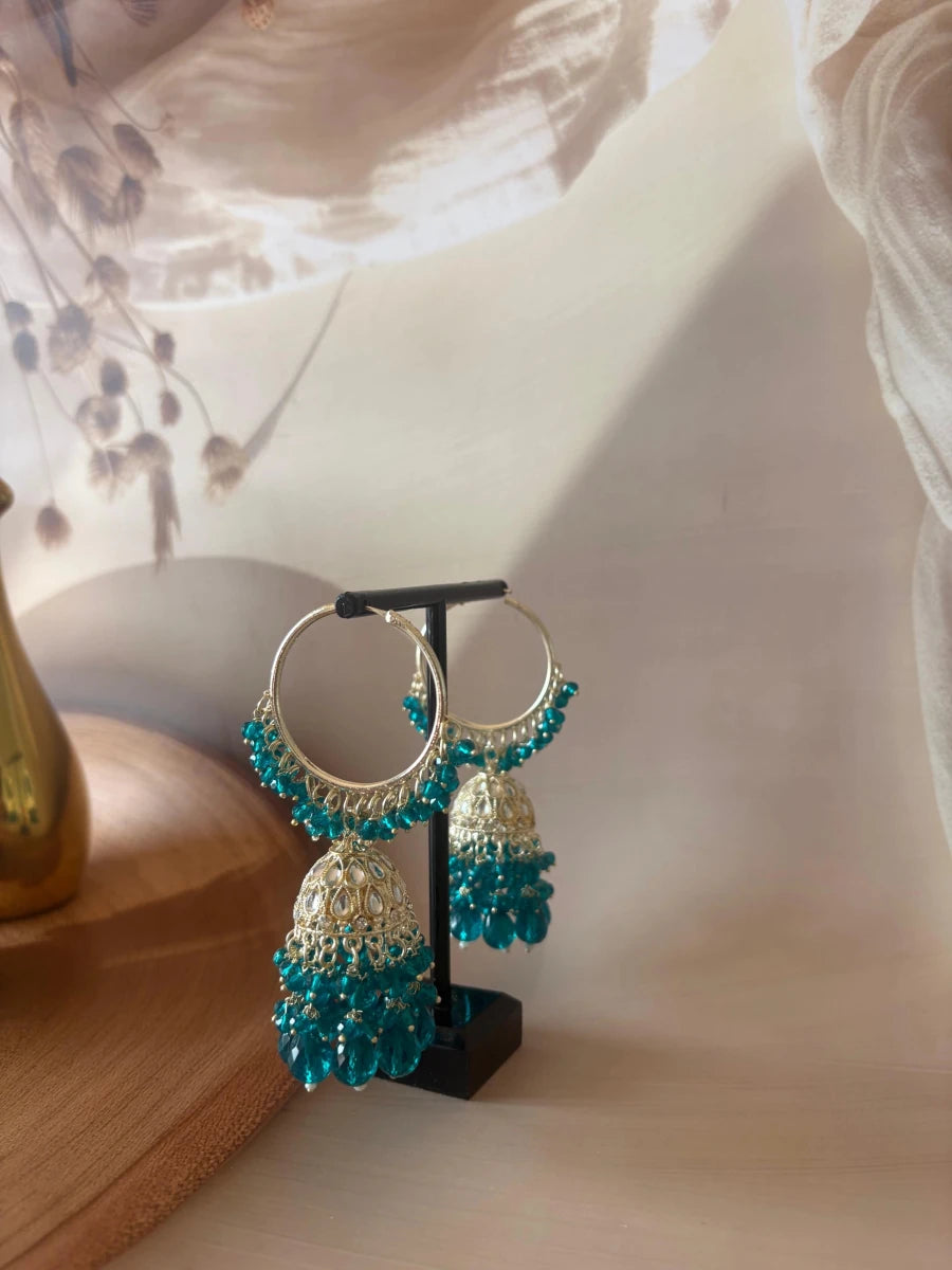 TEAL BLUE KUNDAN STUDDED JHUMKA SET - Pomcha Jaipur
