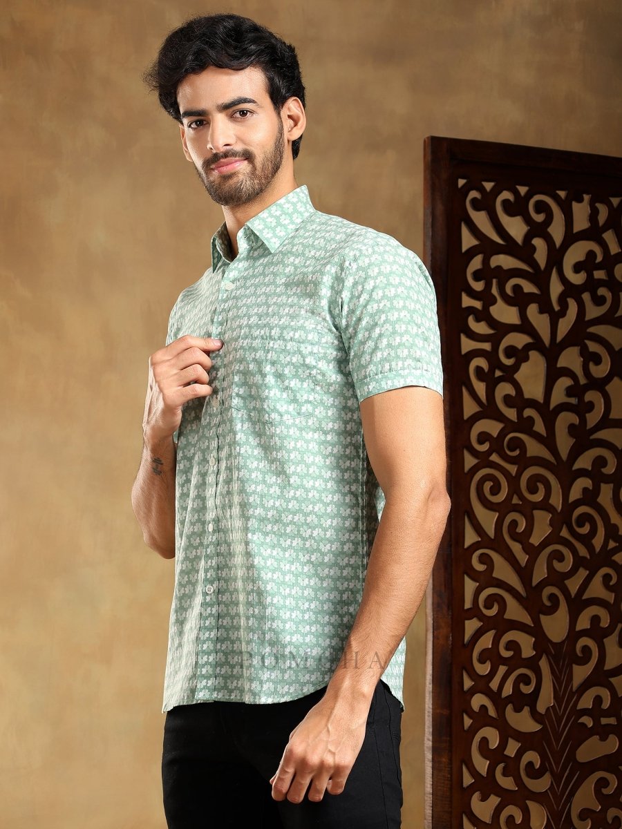 VIRAHA GREEN COTTON HAND BLOCK SHIRT - Pomcha Jaipur