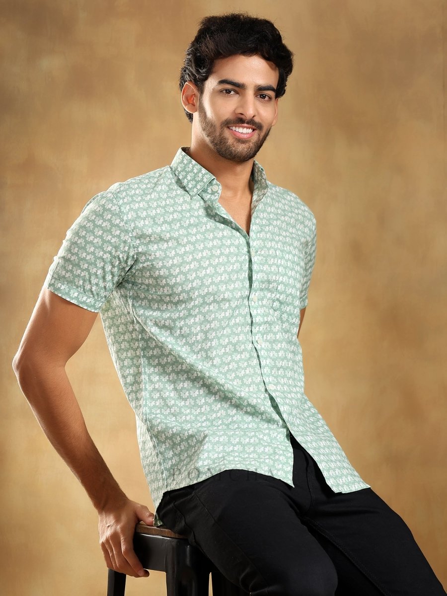 VIRAHA GREEN COTTON HAND BLOCK SHIRT - Pomcha Jaipur