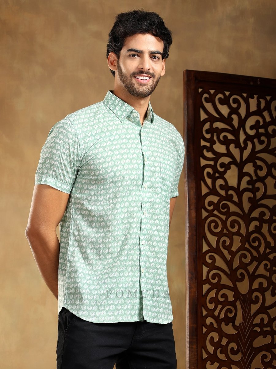 VIRAHA GREEN COTTON HAND BLOCK SHIRT - Pomcha Jaipur