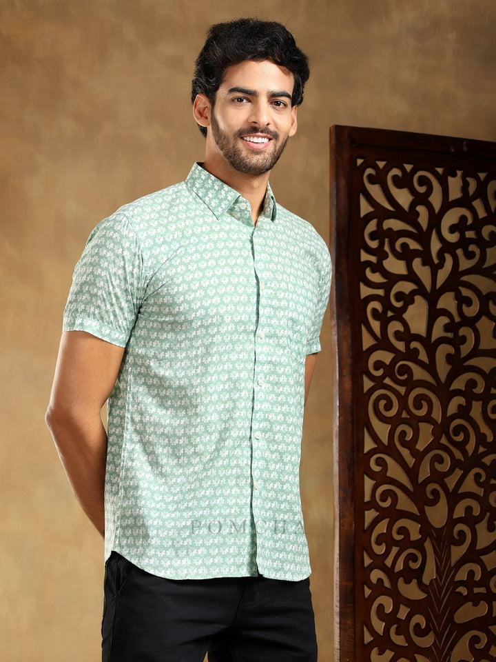 VIRAHA GREEN COTTON HAND BLOCK SHIRT - Pomcha Jaipur